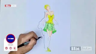 Runway Sketch: Vibrant Green & Yellow Dress Illustration | SSM Fashion