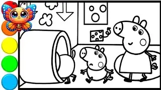 Peppa Pig at the amusement park with the family  || Learn how to draw and color Peppa Pig