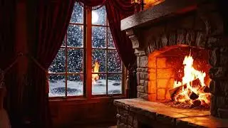 Cozy fireplace on a snowy night ❄️ Winter wind & subtle wolf howls (4 hours)