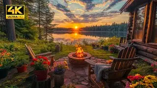 Soothing Sunset over Lake with Cozy Campfire in the Woods | Birdsong and Peaceful Nature Ambience