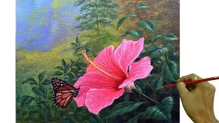 Acrylic Landscape Painting in Time-lapse / Hibiscus and butterfly / JMLisondra