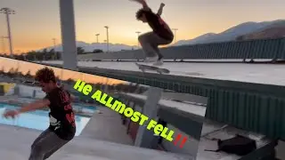Skateboarding on a roof ( he almost fell off)