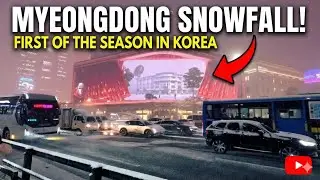 4K First snow with thunder & lightning, Shinsegae of Seoul's Myeongdong Street the First Snowfall