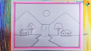 Pahar o Jhornar Drisso 😍😍 Waterfall Scenery Drawing
