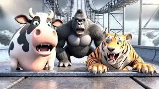 Long Slide Game With Cow Elephant Gorilla Hippopotamus Tiger - 3d Animal Game - Funny 3d Animals