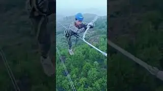 cool skills of workers installing electrical cables at height #shorts