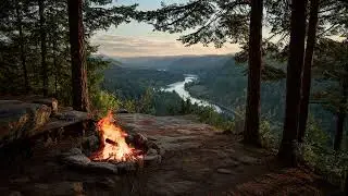 Cozy Forest Campfire Ambience | Calm Evening Over a River Valley (20min, 4K)