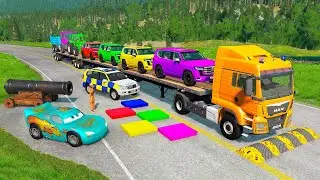 TRANSPORTING PIXAR CARS & FRUITS WITH COLORED & JOHN DEERE vs CLAAS vs TRACTORS - Beam NG.drive #45
