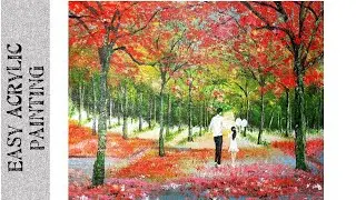Road Of Colors #4 / Red Fall / Father Daughter / Easy Acrylic Painting Tutorial #135