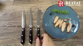This serrated steak knife cuts through the beef easily.