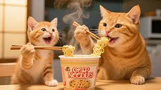 No Money Kitten Shares Noodles with Mom🍜❤️#cute #cat #funny #animals #viralvideo #kitten