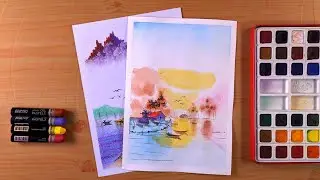 Oil Pastel Drawing vs Watercolour Painting | Easy Nature Scenery for Beginners | River Boat