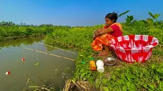 Amazing Fishing Video🐬🐬| Lady Hook Fishing In Our Village Canal Mud Water Using Three Sticks #Fish