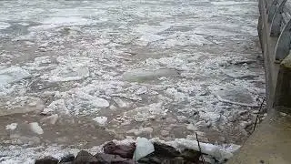 Ice Jam lets go and raises water lever at Red Bridge in Woodstock,NB,March2025