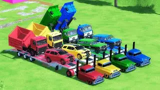TRANSPORTING DODGE, GMC, MAZ, DUMP TRUCK, COLORFUL CARS WITH TRUCK - FS22