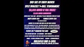 Bulldogs Bar & Grill Billiards 3rd Sat. of Each Month Split Bracket Handicapped Tournament on 3-16.