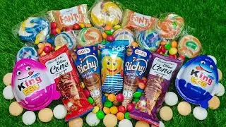 satisfying video/asmr eating King eggs rainbow colorful lollipops, Richy cone, Fanty candy unboxing