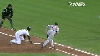 MIN@OAK: First-base coach Waller dodges pickoff throw