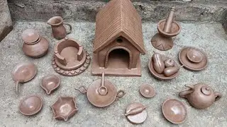 DIY village style clay house with mini kitchen set & chulha मिट्टी के खिलौने कैसेबनाएं polymer clay