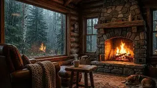 Sleeping by the Fireplace with My Dog | Heavy Rain Night at Cozy Wooden Cabin for Deep Sleep