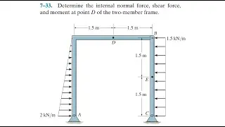 Statics 7-33| Determine the internal normal force, shear force, and moment at point D.