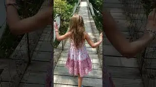 Kayla and Lylah going across swinging bridge in Muscatine, Iowa