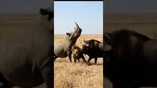 Rhino vs Lion Fight! Buffalo Joins to Save Rhino​ #AnimalBattle #RhinoVsLion #buffalorescue