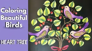 Coloring Beautiful Birds & Heart Tree on Black Paper | Relaxing Art Tutorial