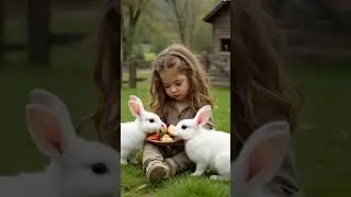 Tiny Guardian of the Meadow: Adorable Toddler Feeds Fluffy Rabbits in a Serene Countryside Moment 🌼🐇