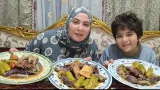 تحدي اكل المحشي كوسه بتنجان فلفل وللحمه