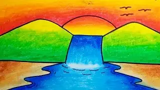 How To Draw Waterfall Scenery Easy With Crayons |Drawing Waterfall Scenery Beautiful Step By Step