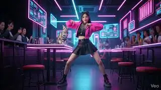 A VTuber dancing a powerful victory dance on a cyberpunk stage