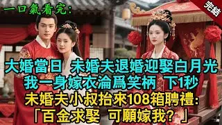 完結古言爽文：大婚當日未婚夫當衆退婚，轉而迎娶白月光。我一身嫁衣淪爲笑柄，下1秒未婚夫小叔抬來108箱聘禮：“百金求娶，可愿嫁我？#古言 #小説 #古風 #故事 #爽文 #打臉 #愛情 #追妻火