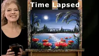 Time Lapsed Version on How to Paint MOONLIT LOTUS LAKE with Acrylic - Paint and Sip at Home