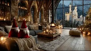 Calm Christmas Ambience with Crackling Fire | Soft Piano Carols & Gnomes | Snowy Castle Window View