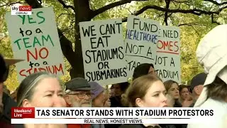 Hundreds of protestors gather outside Tasmanian parliament to oppose stadium plans