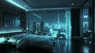 Celestia City | Light Blue Room City Lights View | Relaxing Soothing Background Rain Sounds | 1 Hour