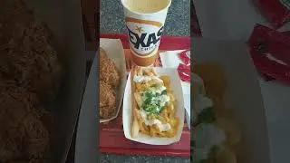 🍗🍟ASMR- Texas Chicken + Cheese Fries + Mango Peach🥤 #satisfying #asmr #fries #chicken #shorts