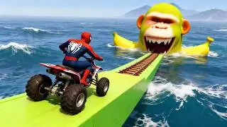 سبايدر مان اصعب دراجة نارية فوق اسماك القرش - Superheroes Ride on Motorcycle Stunt Funny Moments??