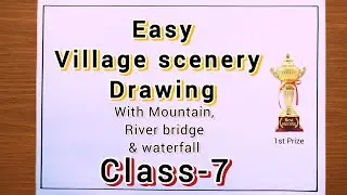 How to draw oil pastel scenery drawing | village with mountain waterfall scenery drawing 