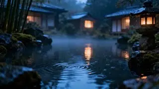 Rain and Piano Music with Sakura Blossoms and Traditional Wooden House View