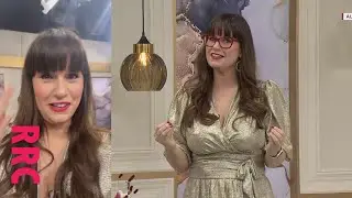Catherine Huntley @cleavage in gold wrap dress