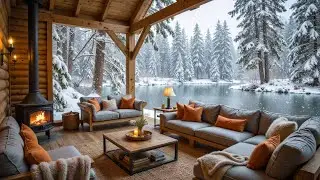 Cozy Lakeside Porch on a Snowy Morning ❄ Smooth Piano Music, Fireplace Sound for Study, Work & Relax