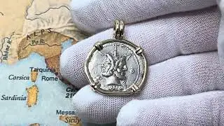 120 BC Janus Roman God of Time Silver Denarius Coin in Gold Jewelry Pendant