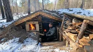 Winter Survival in My Underground Log Cabin - Hidden Forest Bunker Life