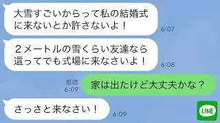 【LINE】積雪2ｍの大雪の中で結婚式を強行し私達に参列を命令した幼馴染「祝う気あるなら絶対に来いw」→式当日、まさかの事態で慌てる新婦に悲劇が…www