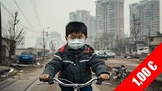 Masked Boy Cycling Through Smog &ndash; Urban Air Pollution | HD Stock Footage