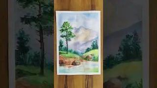 Mountain valley landscape watercolor painting 🎨🖌️🕊️#shorts #mountains #drawing #art #watercolor
