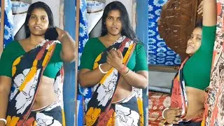 Low Hip Saree Draping Style Posing in Multi - Colour Cotton Saree With Dark Green 💚 Cotton Blouse