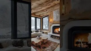 Cozy log cabin living room with fireplace, rustic beams, and snowy forest view.